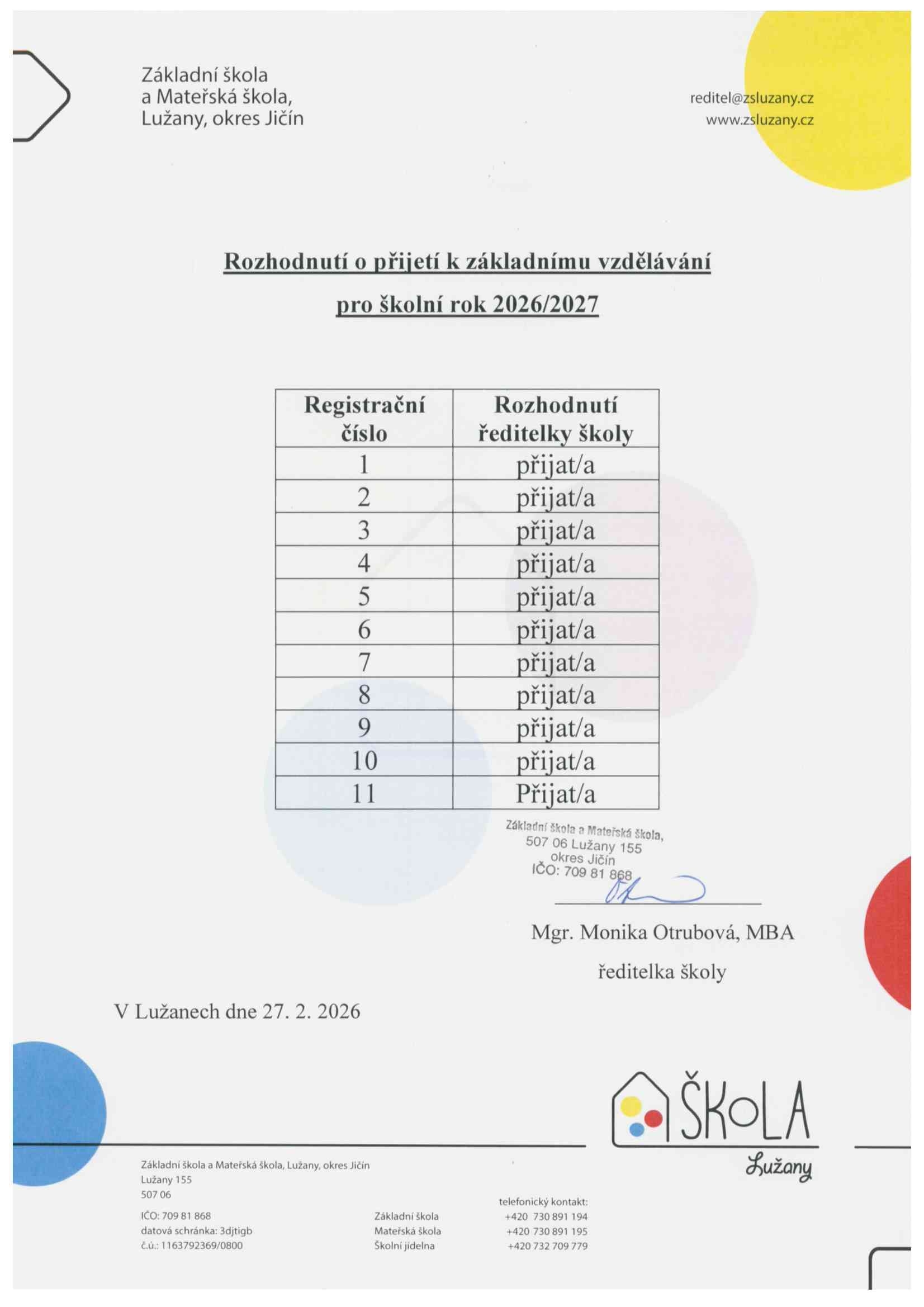 Rozhodnutí o přijetí k základnímu vzdělávání pro školní rok 2026/2027