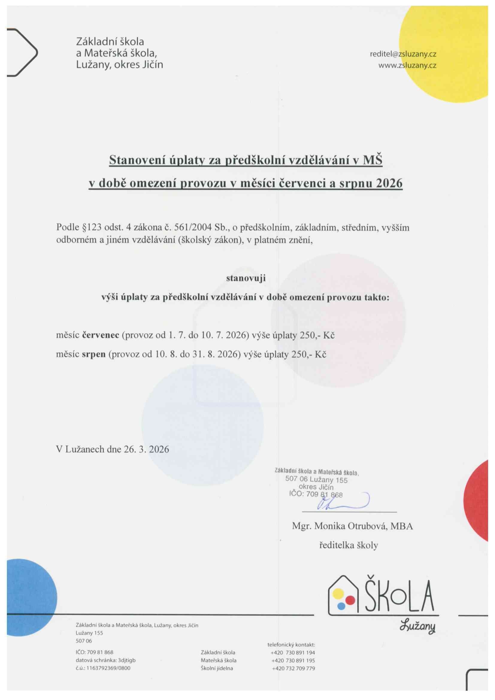 Prázdninový provoz MŠ - červenec a srpen 2026